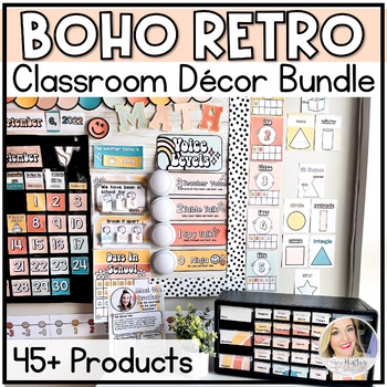 Preview of Boho Rainbow Classroom Decor - Neutral Class Decor Bundle - Retro & Groovy