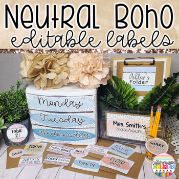 Preview of Boho Classroom Decor Neutral Editable Labels Classroom Label Template
