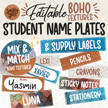 Preview of Boho Classroom Supply Labels Student Desk Name Plates Editable Classroom Decor