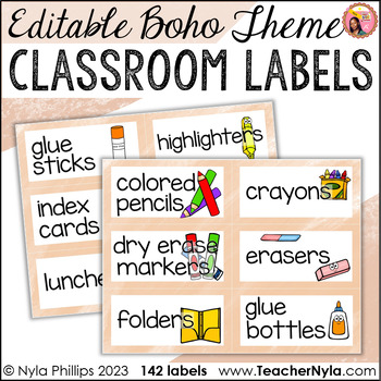 Preview of Boho Classroom Supply Labels with Pictures - Editable