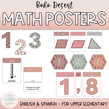 Preview of Boho Desert Decor - Math posters Spanish & English for 3rd, 4th, and 5th grades