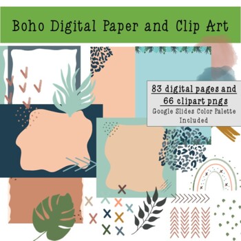 Preview of Boho Digital Paper - Rainbows and Monstera Clipart- Commercial Use