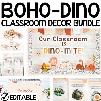 Preview of Boho Dinosaurs Classroom Decor Bundle, Room Transformation, Posters, Editable