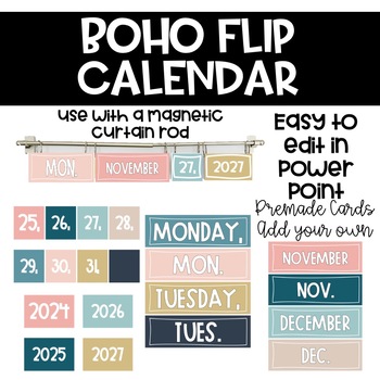 Preview of Boho Editable Flip Calendar with- Easy Print Calendar Set with Clock Numbers