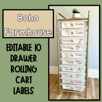Preview of Boho Farmhouse 10 Drawer Rolling Cart Labels | EDITABLE