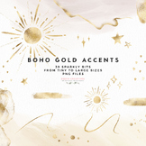Boho Gold Sun Stars Sparkle Clipart Overlay, Brush Stroke 