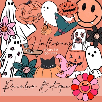 Preview of Boho Halloween Clipart, Hippie Halloween clip art, commercial use groovy