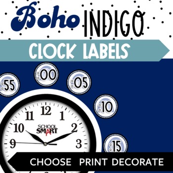 Preview of Boho Indigo Bulletin Clock Labels II Boho Classroom Decor
