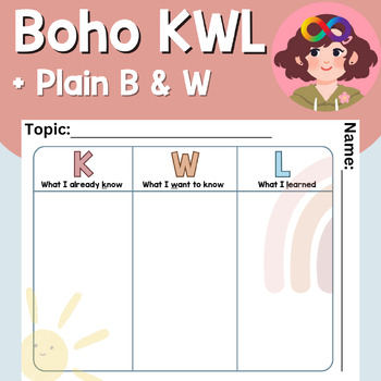 Preview of Boho KWL Graphic Organizer + Plain B&W