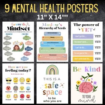 Preview of 9 Back To School Boho Mental Health Posters For Classroom Elementary Decor