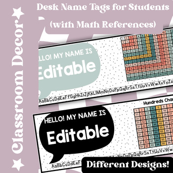 Preview of Boho Muted Name Tags for Desks | Multiplication and Hundreds Chart | Editable