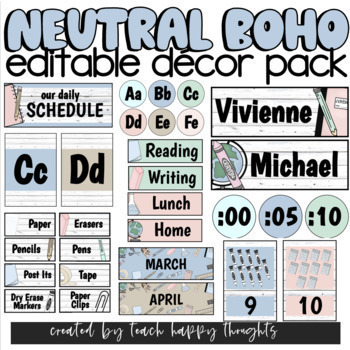 Preview of Boho NEUTRAL Pastel Wood Color School Supply Theme Classroom DECOR Pack EDITABLE