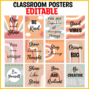 Preview of Boho Neutral Classroom Posters, Motivational posters, Editable Classroom Decor