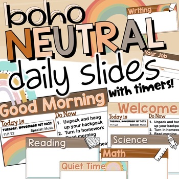 Preview of Boho Neutral Daily Slides | Calming Neutral Everyday Slide Deck with Timers