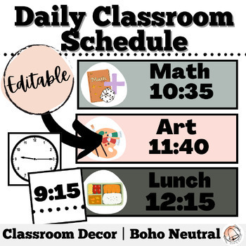 Preview of Boho Neutral Editable Daily Class Schedule + Visual Clock Cards | Time Schedule