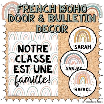 Preview of Boho Neutral FRENCH Door Decor & Bulletin Board Decor | French Classroom Decor
