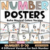 Boho Neutral Number Posters 1 to 20 w/ Ten Frame, Tally Ma