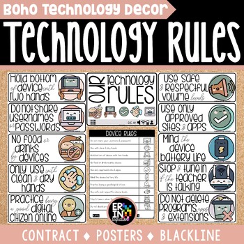 Preview of Technology Rules Posters Bulletin Board Set Boho Computer Lab Decor