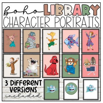 Preview of Boho Neutrals Classroom Library Book Character Portraits for Gallery Wall