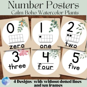 Preview of Boho Number Posters | Boho Classroom Decor | Watercolor plants | Ten Frames