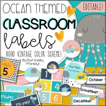 Preview of Boho Ocean / Sea Themed Classroom Decor Editable Labels