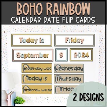 Preview of Boho Pastel Rainbow Calendar Date Flip Cards