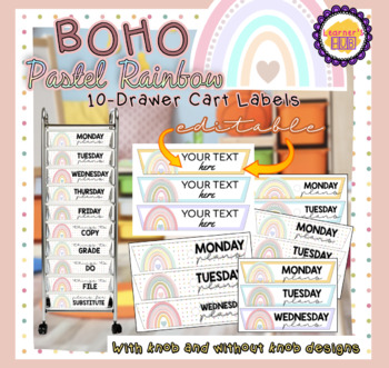Preview of Boho Pastel Rainbow Editable 10-Drawer Rolling Cart Labels