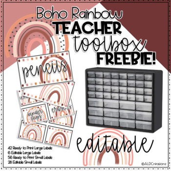 Preview of Boho Pink Rainbow Teacher Toolbox Labels (Editable) Free