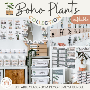 Preview of Boho Plants Calm Classroom Decor Bundle | Boho Vintage Retro Decor