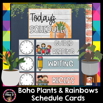 Preview of Boho Plants and Rainbows Schedule Cards Visual Timetable EDITABLE