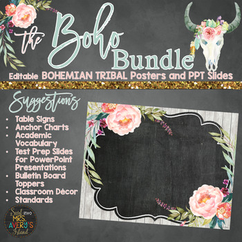 Preview of Boho Posters and PowerPoint Slides | Bohemian Shabby Classroom Decor - Editable