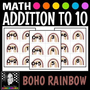 Preview of Boho Rainbow Addition to 10 Matching Game for Math Centers