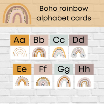 Preview of Boho Rainbow Alphabet Cards| Class Decor | Boho Classroom Decor