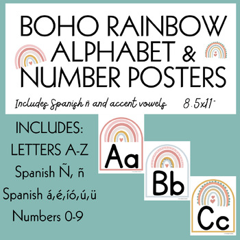 Preview of Boho Rainbow Alphabet & Number Posters| Rótulos de letras y números