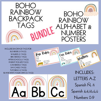 Preview of Boho Rainbow Alphabet, Numbers, Dismissal Tags, Meet the Teacher Bundle