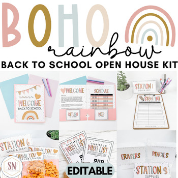 Preview of Boho Rainbow Back to School Open House Survival Kit | Editable Open House Forms