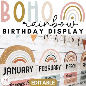 Preview of Boho Rainbow Birthday Bulletin Board | Editable