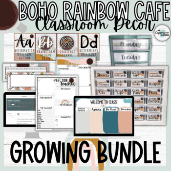 Preview of Boho Rainbow Café Classroom Decor Theme Set | GROWING BUNDLE