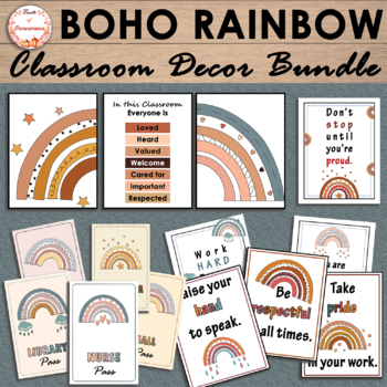 Boho Rainbow Classroom Decor BUNDLE | Back to School Posters and Passes