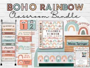 Preview of Boho Rainbow Classroom Decor Bundle Fully Editable