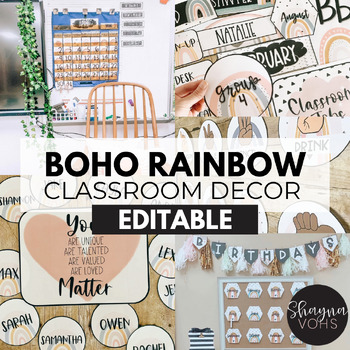 Preview of Boho Rainbow Classroom Decor Bundle Editable - Pastel Rainbow - Classroom Themes