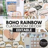 Boho Rainbow Classroom Decor Bundle Editable - Pastel Rain