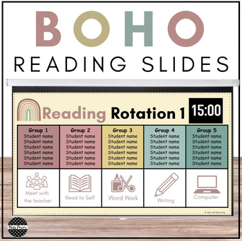 Preview of Boho Rainbow Classroom Decor | Center Rotation Slides | Literacy Centers