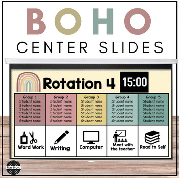 Preview of Boho Rainbow Classroom Decor | Center Rotation Slides | Literacy Centers