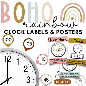 Preview of Boho Rainbow Classroom Decor | Clock Labels & Posters | Editable | *NEW