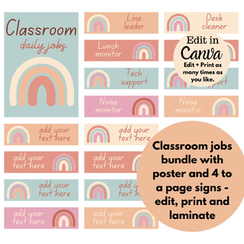 Preview of Boho Rainbow Classroom Decor | Daily Jobs Posters | Editable Templates
