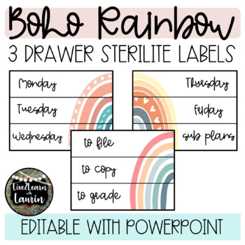 Preview of Boho Rainbow Classroom Decor - Editable 3 Drawer Sterilite Labels
