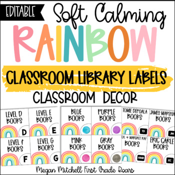 Preview of Boho Rainbow Classroom Decor LIBRARY BOOK LABELS Soft Calm and Happy