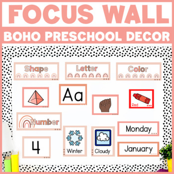 Preview of Neutral Boho Rainbow Classroom Decor Preschool Focus Wall