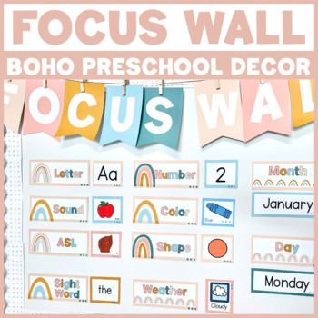 Preview of Boho Rainbow Classroom Decor Preschool Focus Wall